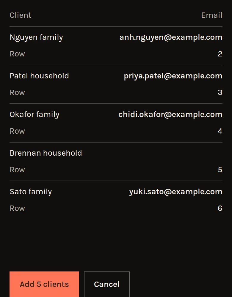 Import clients with a file chosen: five clients to add, each with its email, then Add 5 clients