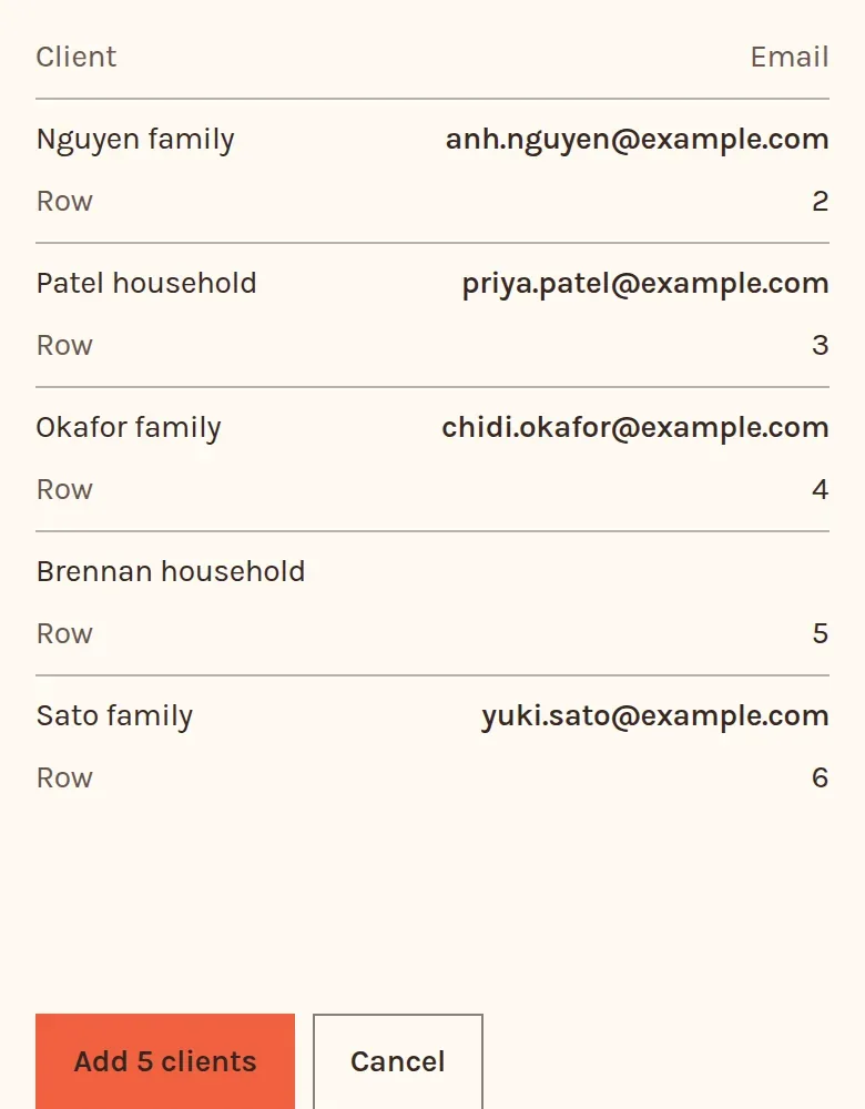 Import clients with a file chosen: five clients to add, each with its email, then Add 5 clients