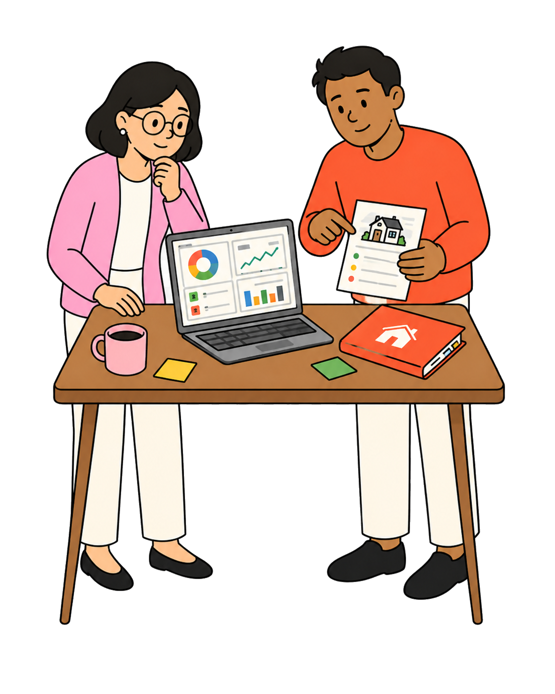 Mira and Arun reviewing a dashboard and property summary at the household table